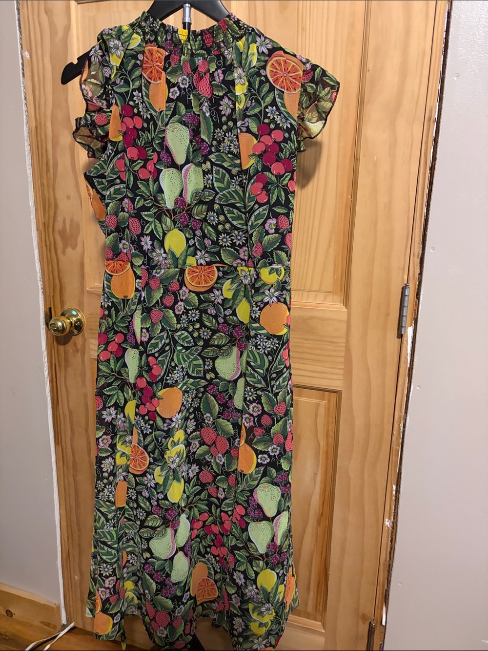 Nina Leonard Black Maxi Dress with Pink, Green & Orange Citrus Print